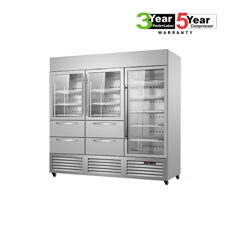 Sub-Equip, C-81RG-4D 81" Glass Triple Door Reach-In Refrigerator With Four Drawers
