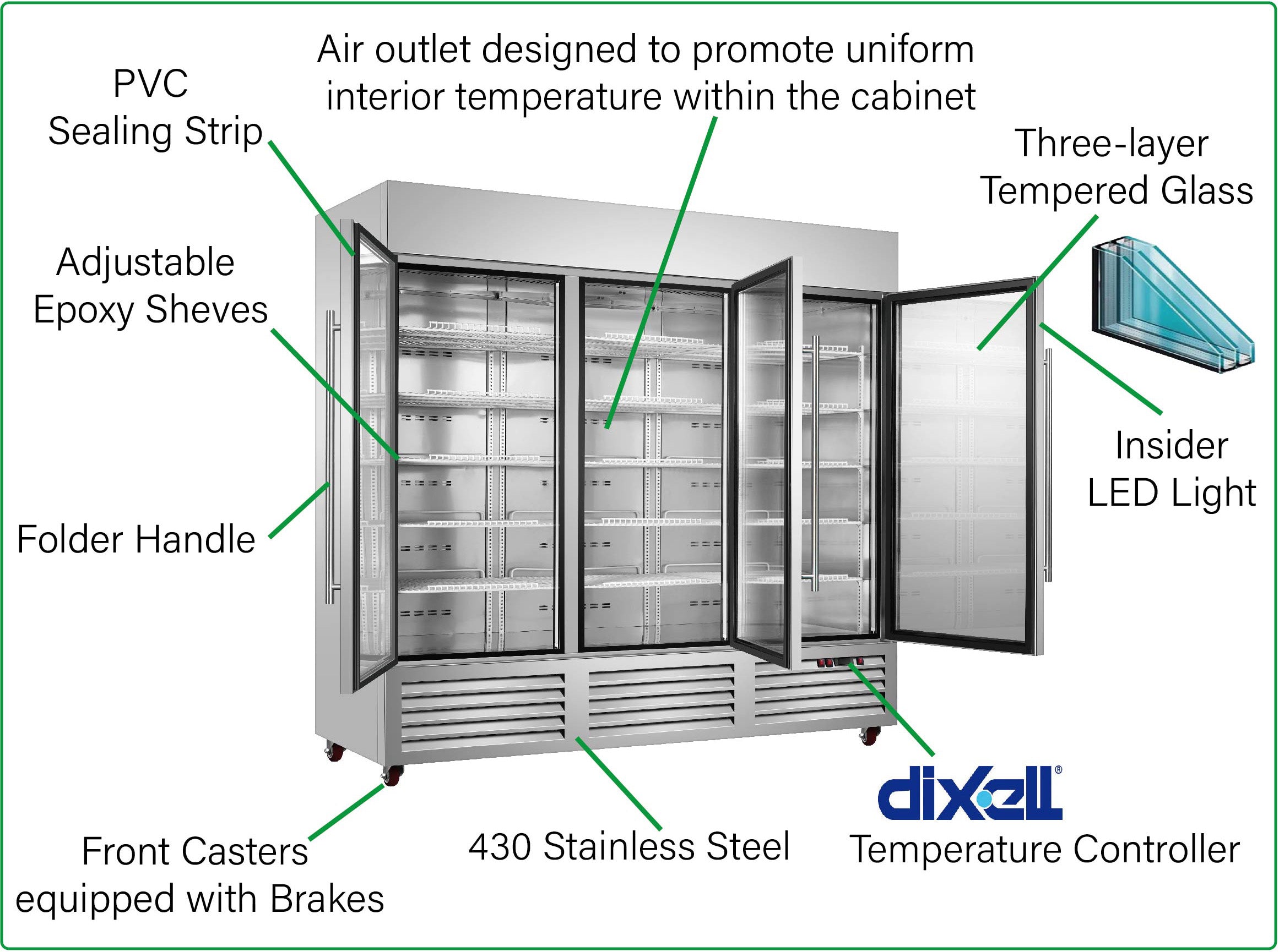 Sub-equip, 81" Triple Solid Door Bottom Mount Compressor Reach-in Freezer