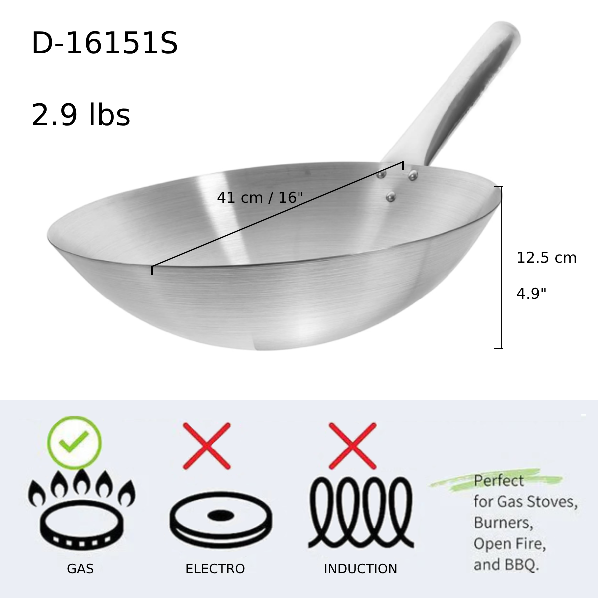 Deep Single Steel Handle Wok, 16" (D-16161S)