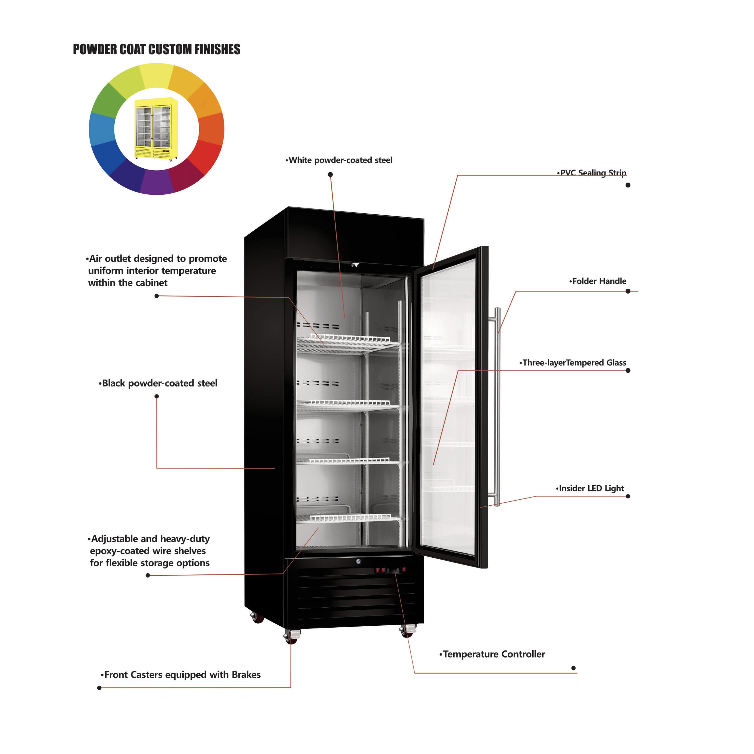 Sub-Equip, CDM-B13R 23" Black Swing Glass Door Merchandiser Refrigerator With 1 Door