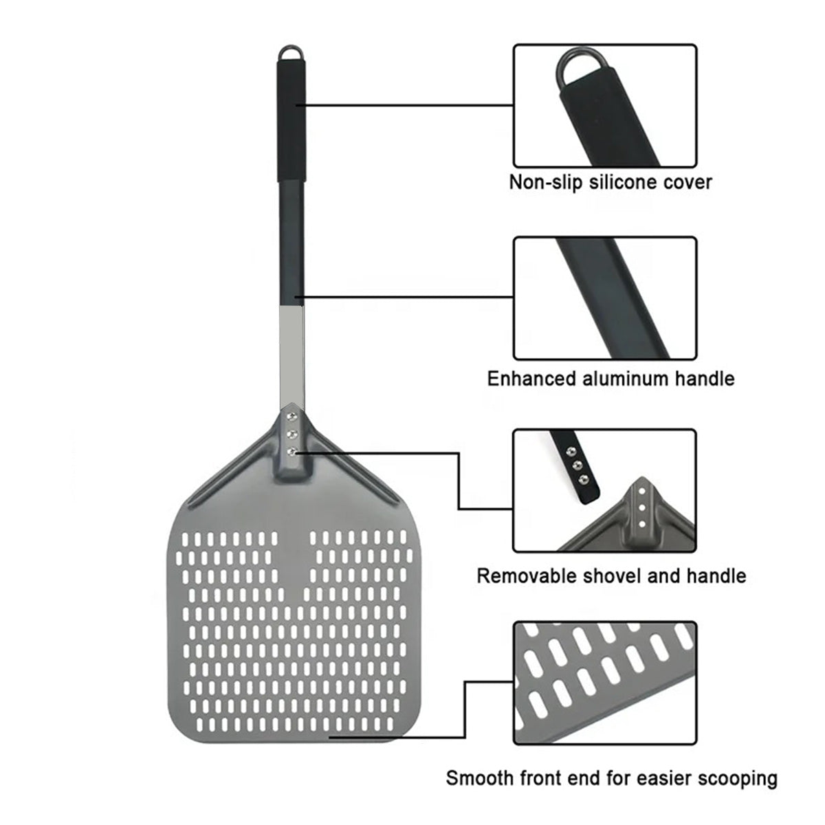 Perforated Pizza Peel:Hard Anodized Aluminum Pizza Spatula with Silicone Handle, Professional Large Pizza Turning Peel, Pizza Paddle - Chefcoca