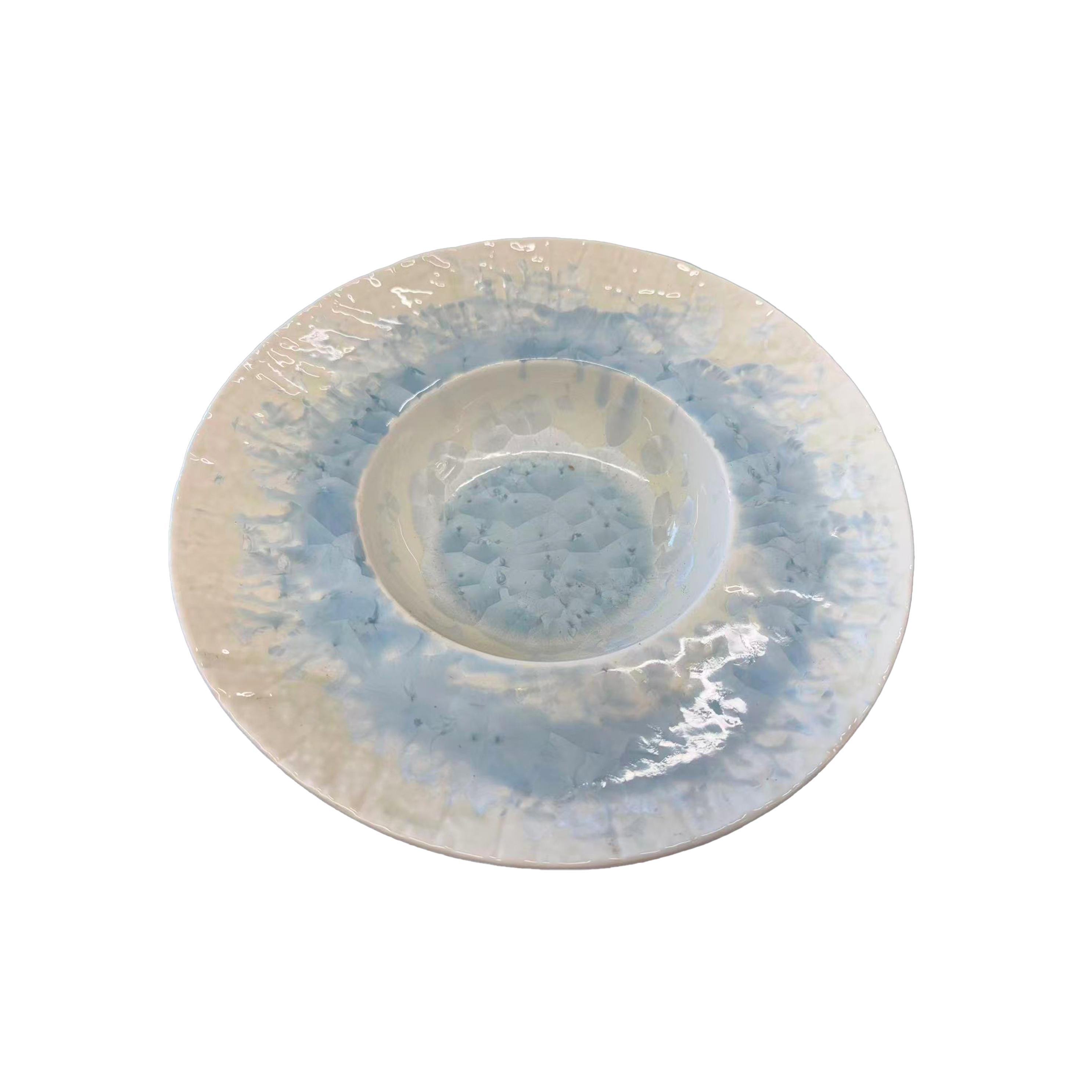 Chefco, 11 " white, textured pasta or soup bowl, with a matching plate featuring a reactive glaze pattern in blue and yellow tones (PTC00327)