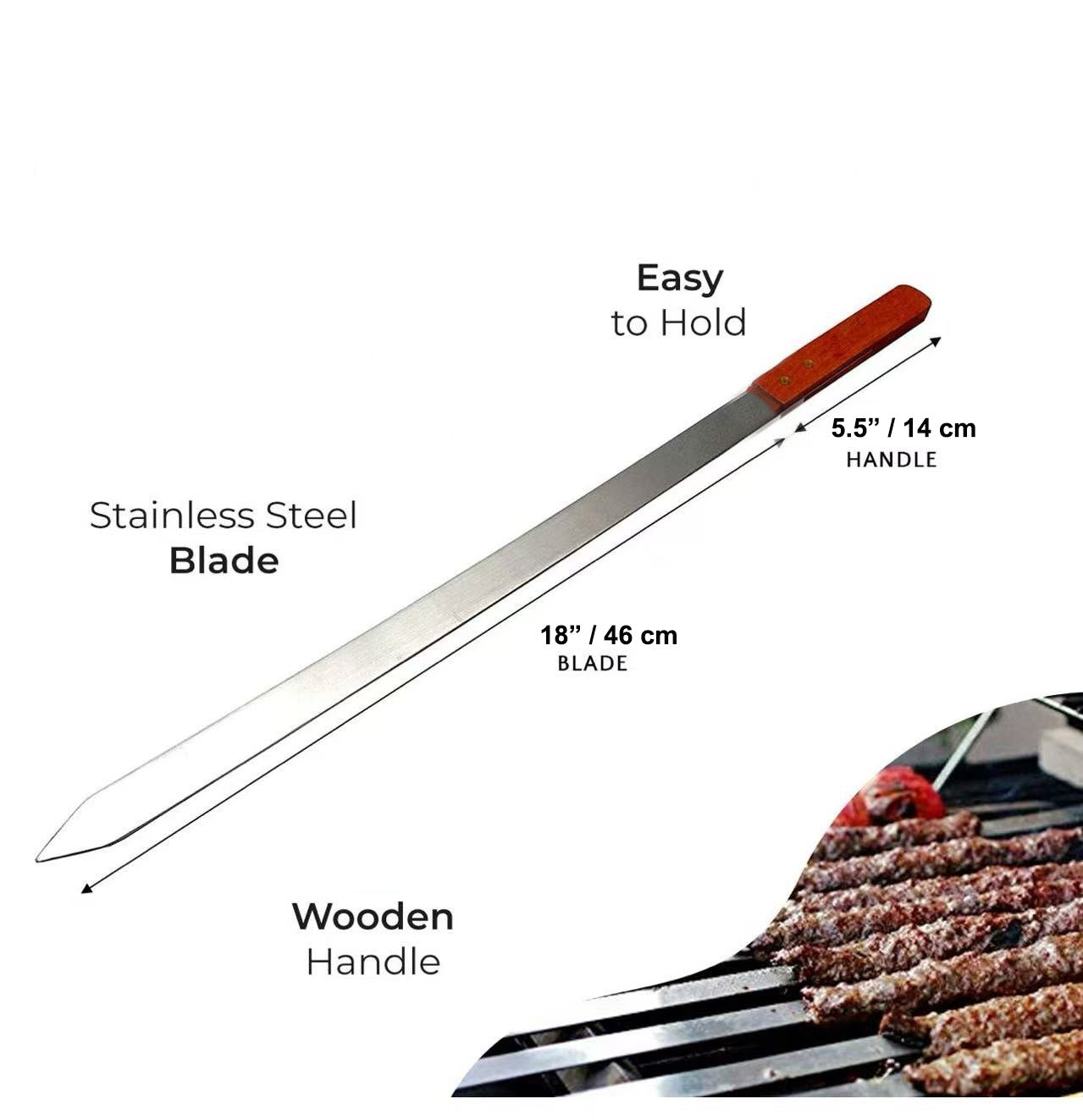 Chefco, Premium Large 23.5" Stainless Steel Brazilian Barbeque Style BBQ Skewers (Single Skewer, 1 Inch Wide Skewers)