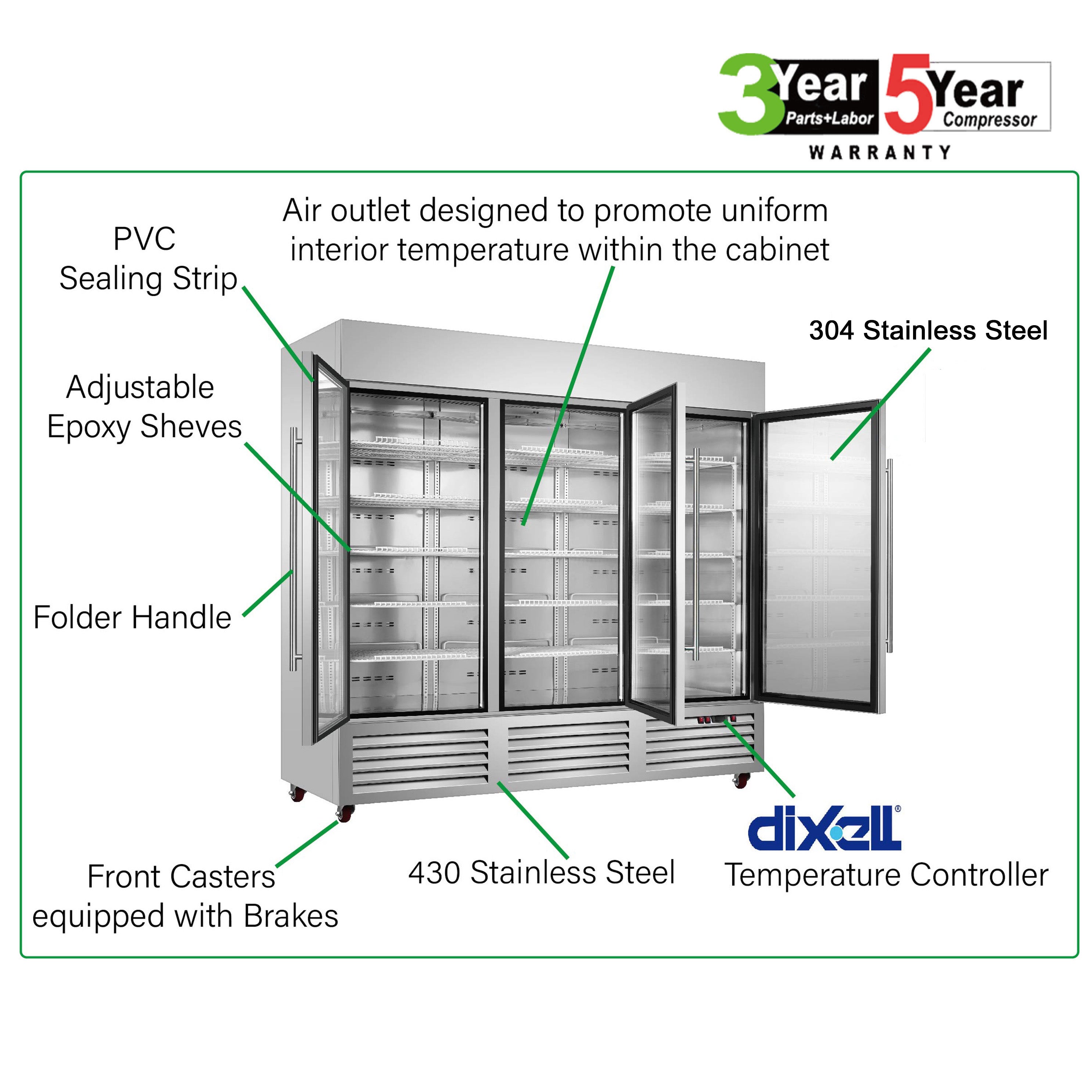 Sub-Equip, C-81RG 81" Glass Triple Door Reach-In Refrigerator