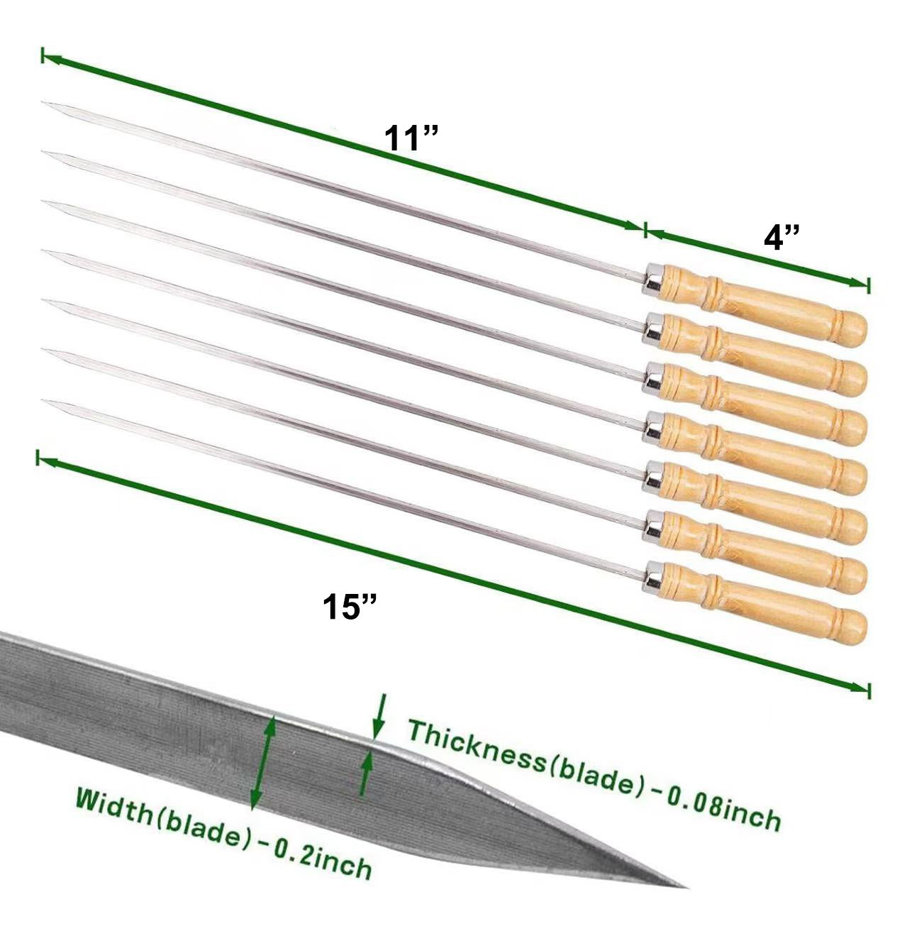 Chefco, 15" Kabob Skewers with Wood Handle for BBQ Camping Cookware Campfire Grilling Cooking, Stainless Steel, 10PCS (SK-38)