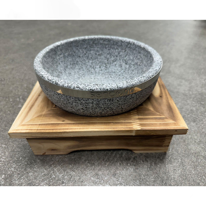 Bibimbap Stone bowl with wooden base, natural stone cooking soup bowl