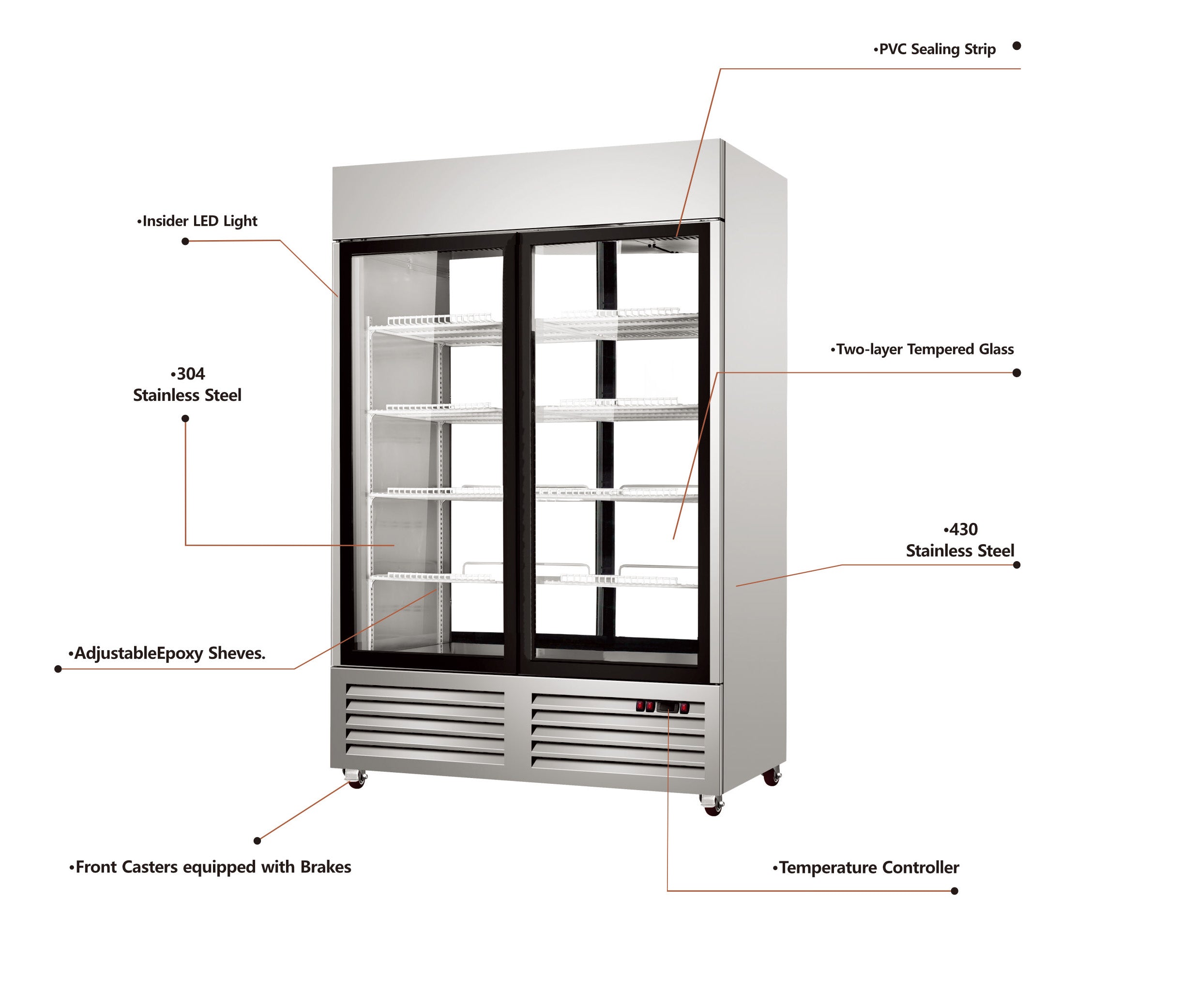 Sub-equip, 48" Stainless Steel Glass Door Pass-Through Refrigerator