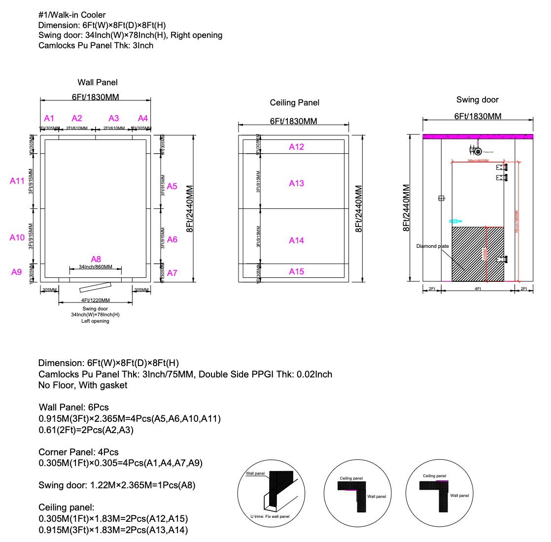 Sub-Equip, WT-6883R, Walk-In Cooler, 3" Thick Panels,  6W x 8D x 8H ft , Floorless, Indoor Box Only - Chefcoca