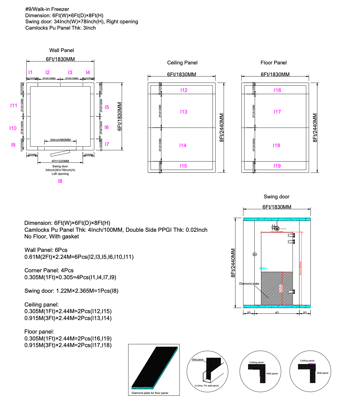 Sub-Equip, WT-6684F Walk-In Freezer, 4" Thick Panels,6W x 6D x 8Hft, Indoor Box Only