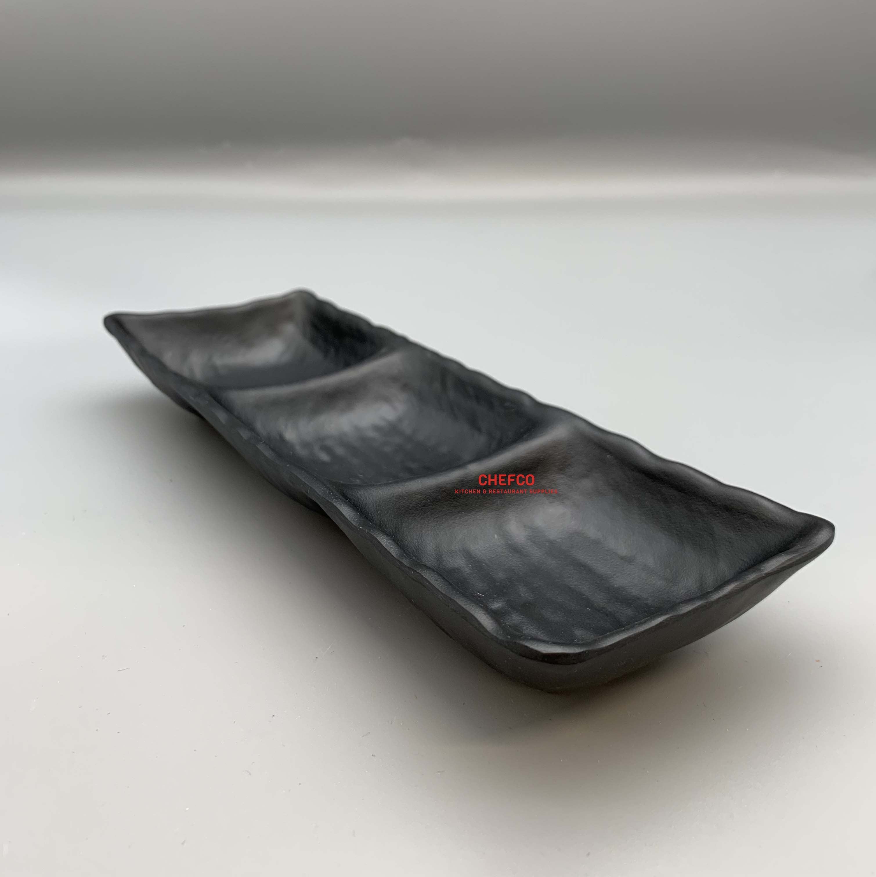 Matte Black Melamine Korean Sauce Dish (10.5", 3 Compartments) - Chefcoca