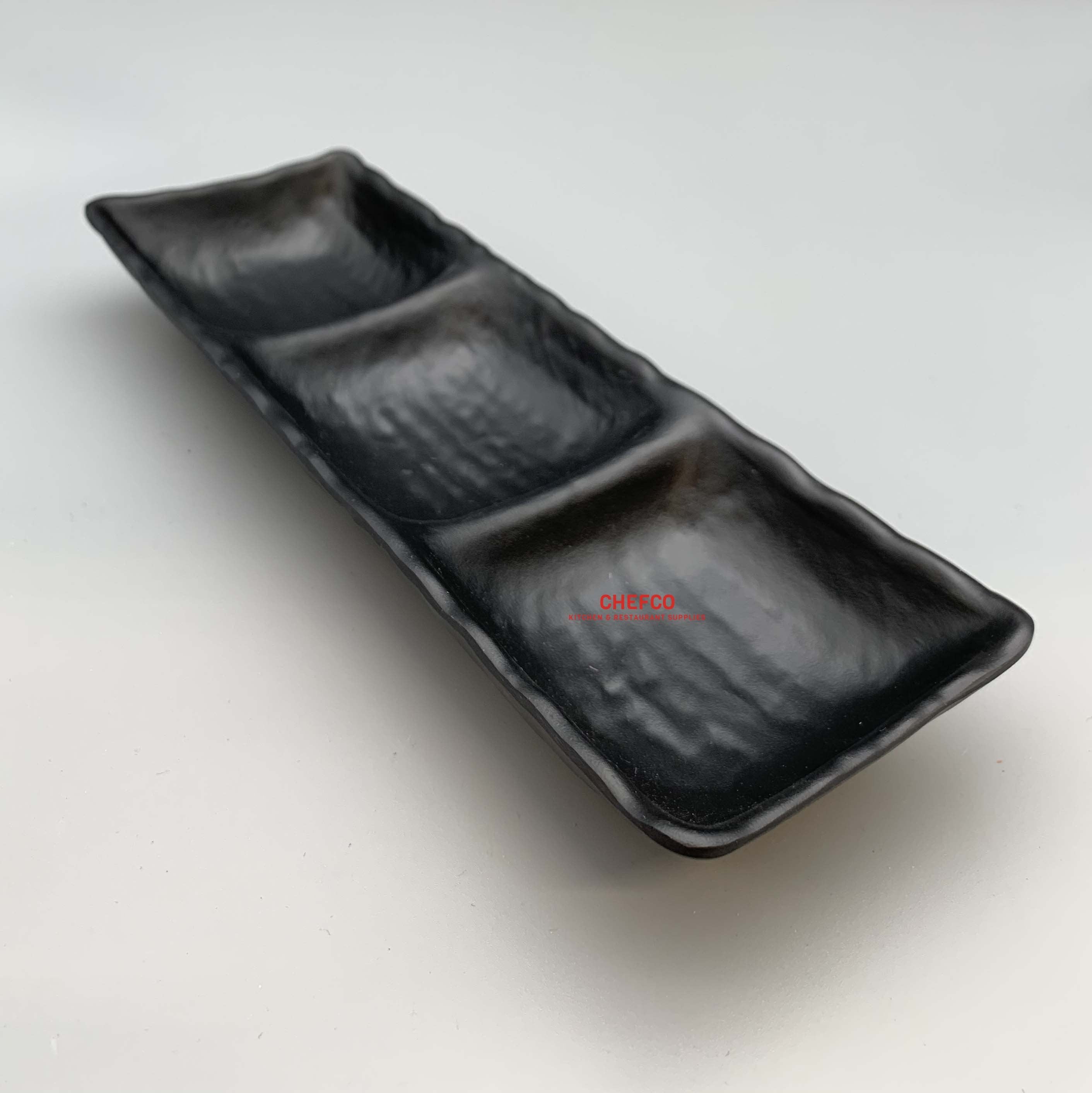 Matte Black Melamine Korean Sauce Dish (10.5", 3 Compartments) - Chefcoca