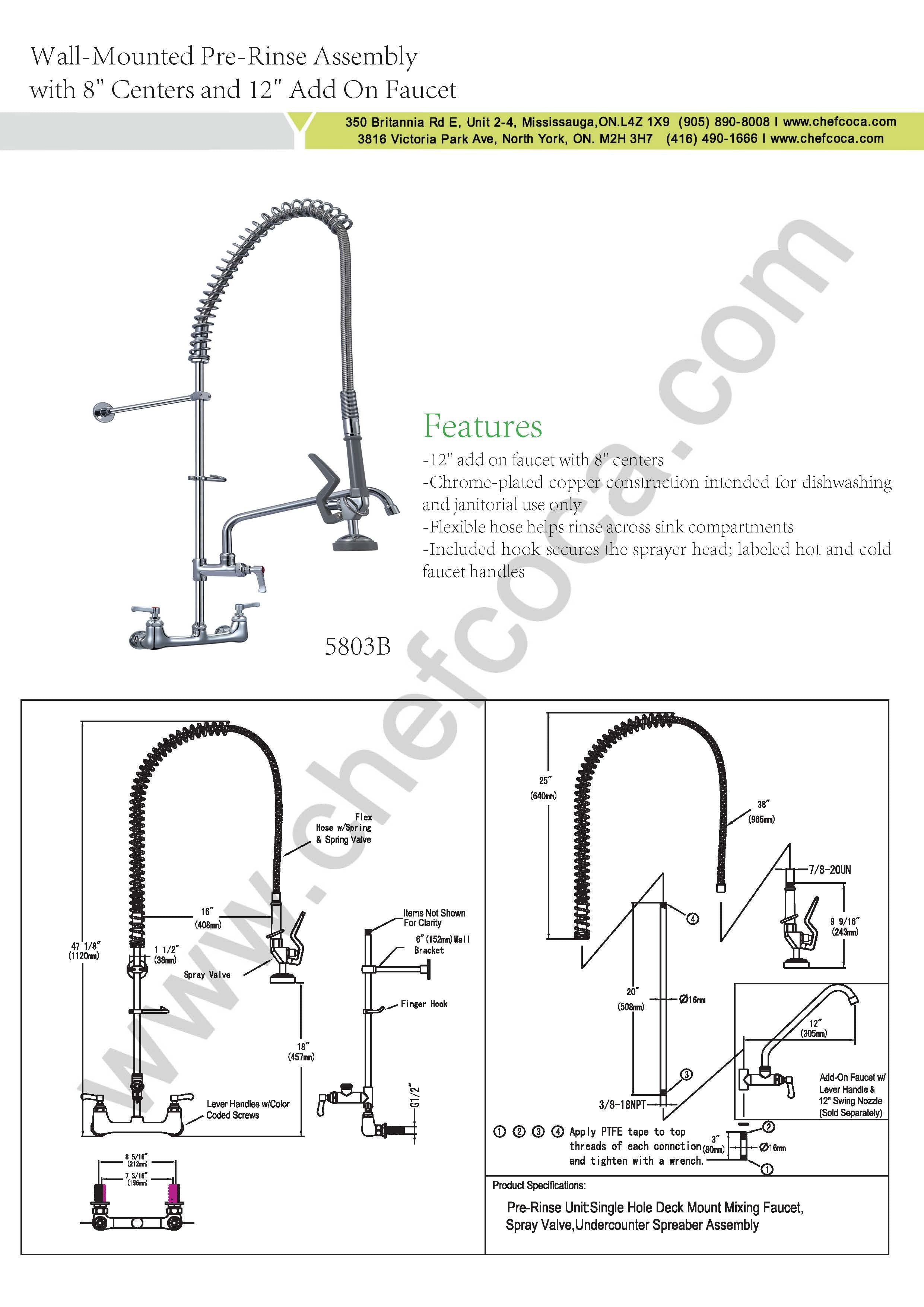 Wall-Mounted Pre-Rinse Assembly with 8" Centers with 12" Swing Faucet - Chefcoca