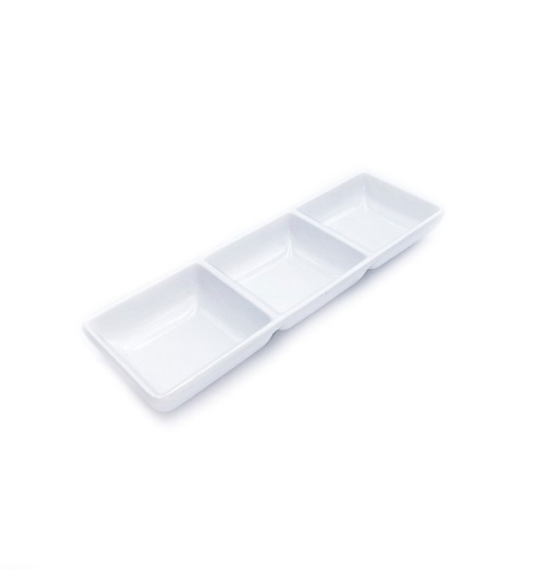 White Melamine Sauce Dish with Three Compartments (9" x 2.75")