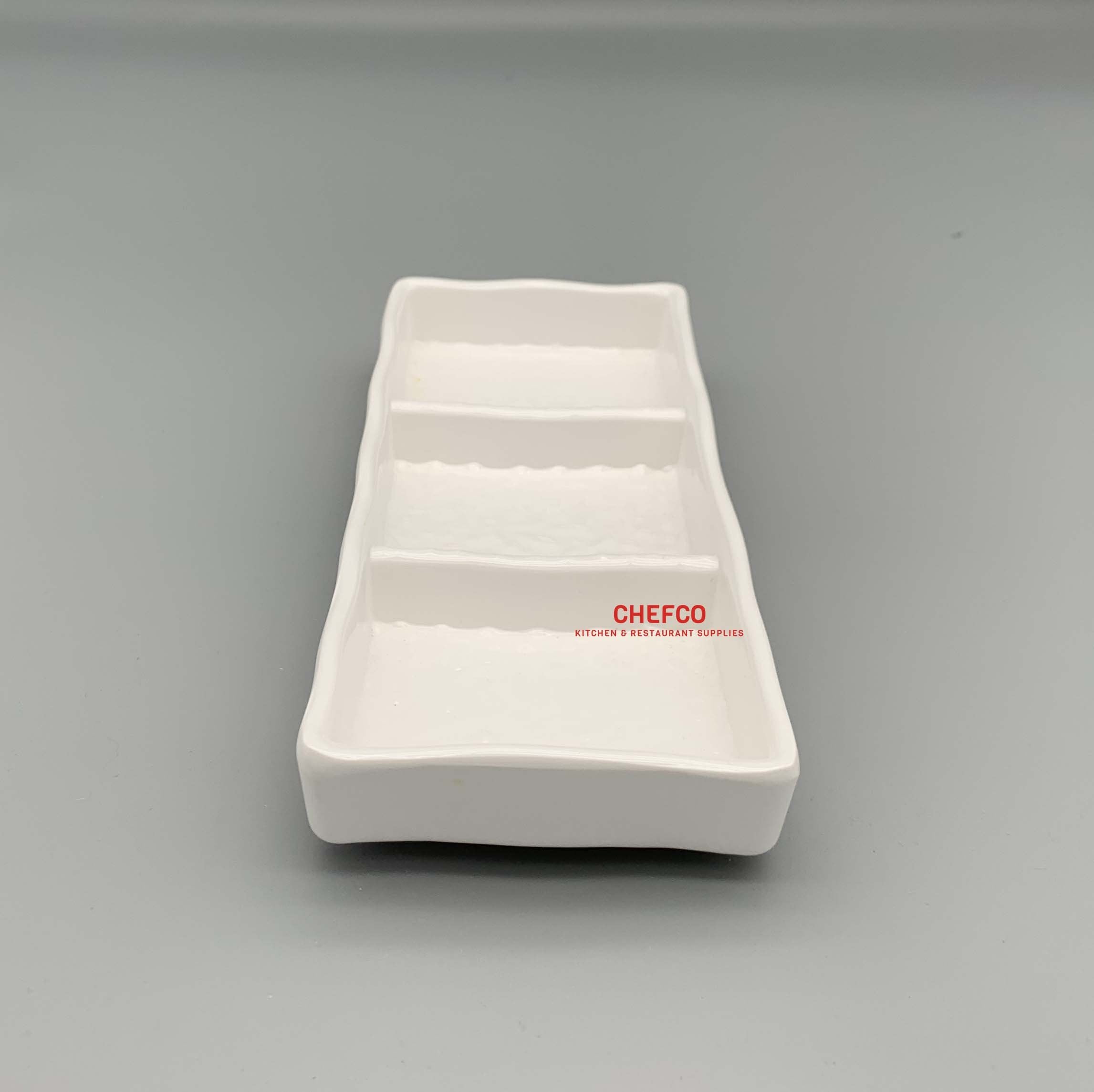 White Melamine Sauce Dish with Three Compartments (7.5" x 2.87") - Chefcoca