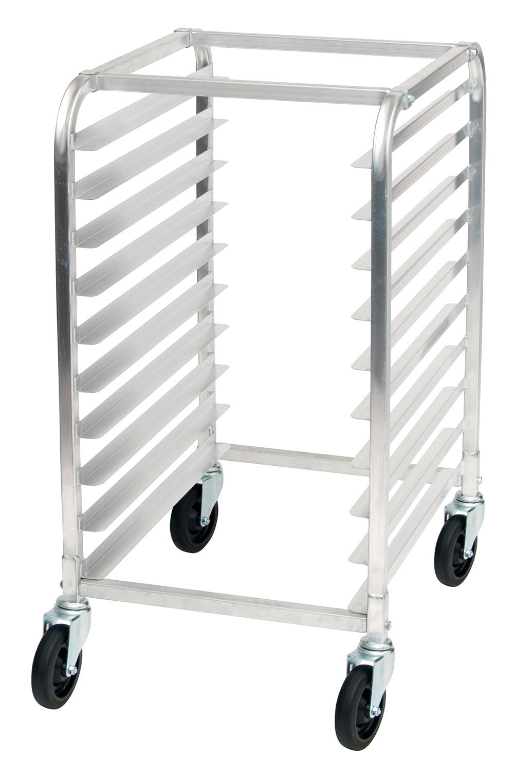 10-Tier End-Load Welded Sheet Pan Rack with Brakes, 3" Spacing, Aluminum