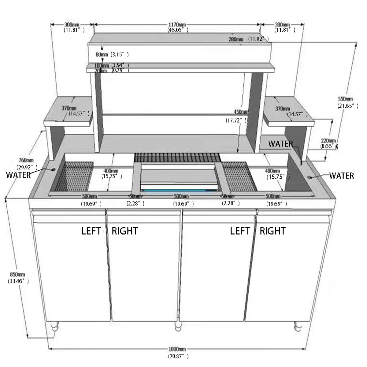 16-Gauge 304 Stainless Steel Bubble Tea Work Station, BTS-180,(70.9"W x 29.9"D x 55.1"H)