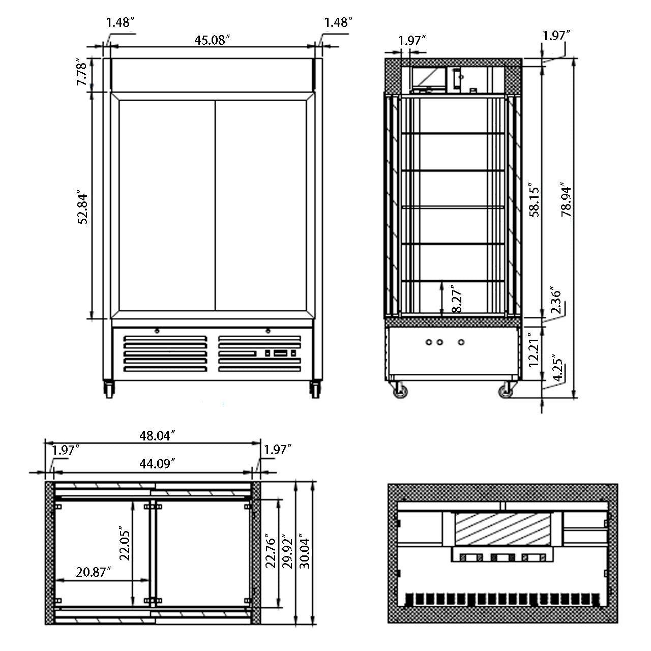 Sub-equip, 48" Stainless Steel Glass Door Pass-Through Refrigerator