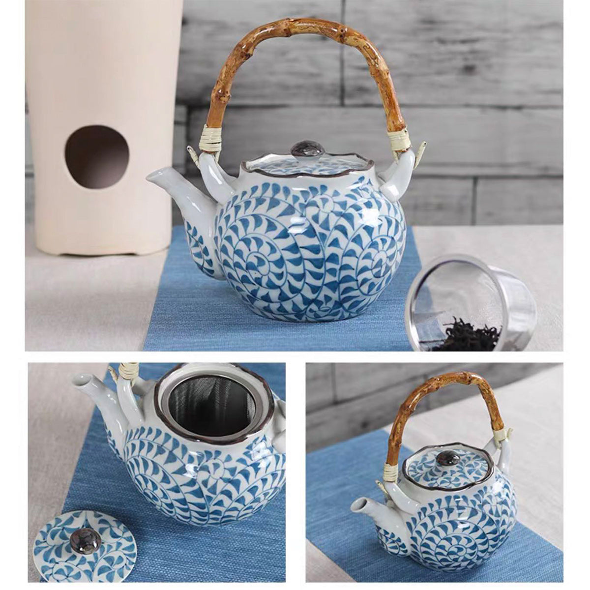 CHEFCO,CTP-4,Heritage Ceramic Vines Teapot with Blue Grass Pattern,900cc,(7.7"x 5.1"x8.1") - Chefcoca