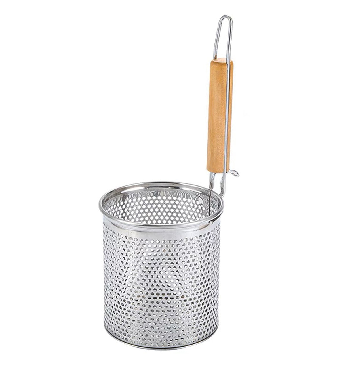 Stainless Steel Flat Bottom Noodle Strainer with Wooden Handle (5.5"H) - Chefcoca