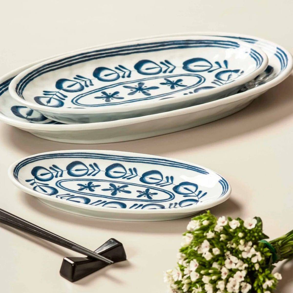 CHEFCO, Y-3514BV,Melamine Oval Plate with Blue Vine Pattern (L 36.3cm/14.3"x W20.2cm/8"x H 3cm/1.2") - Chefcoca