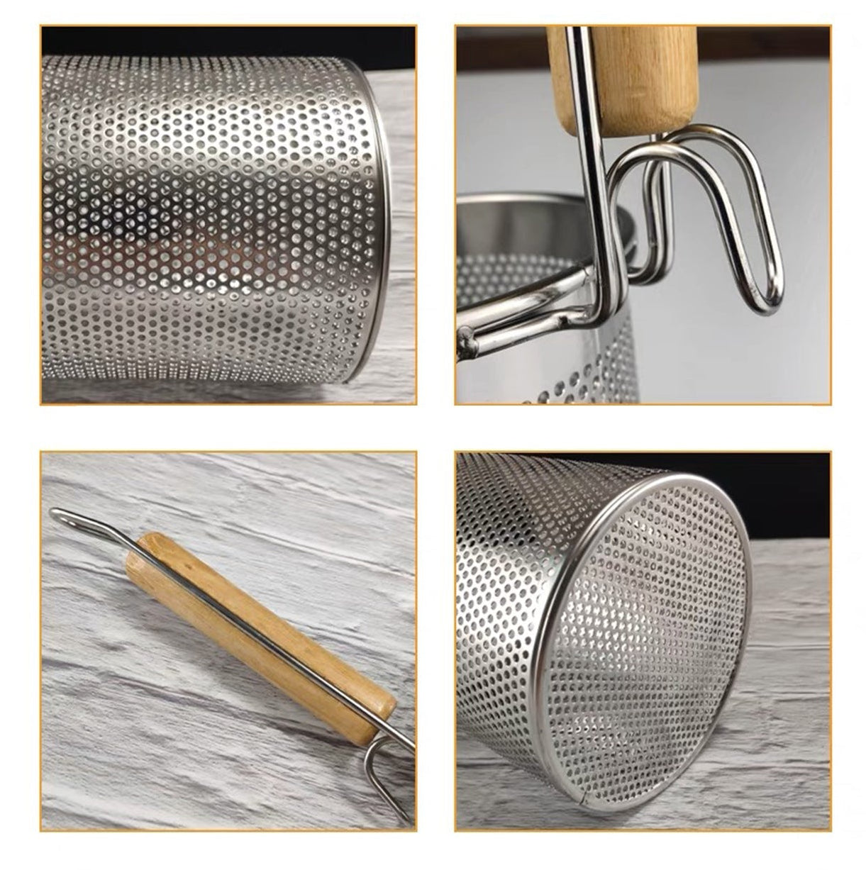 Stainless Steel Flat Bottom Noodle Strainer with Wooden Handle (5.5"H) - Chefcoca