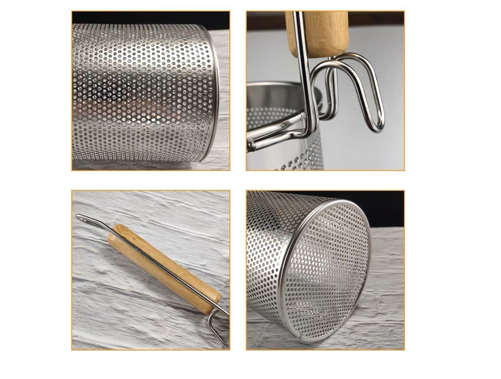 Stainless Steel Flat Bottom Noodle Strainer with Wooden Handle (5.5"H)