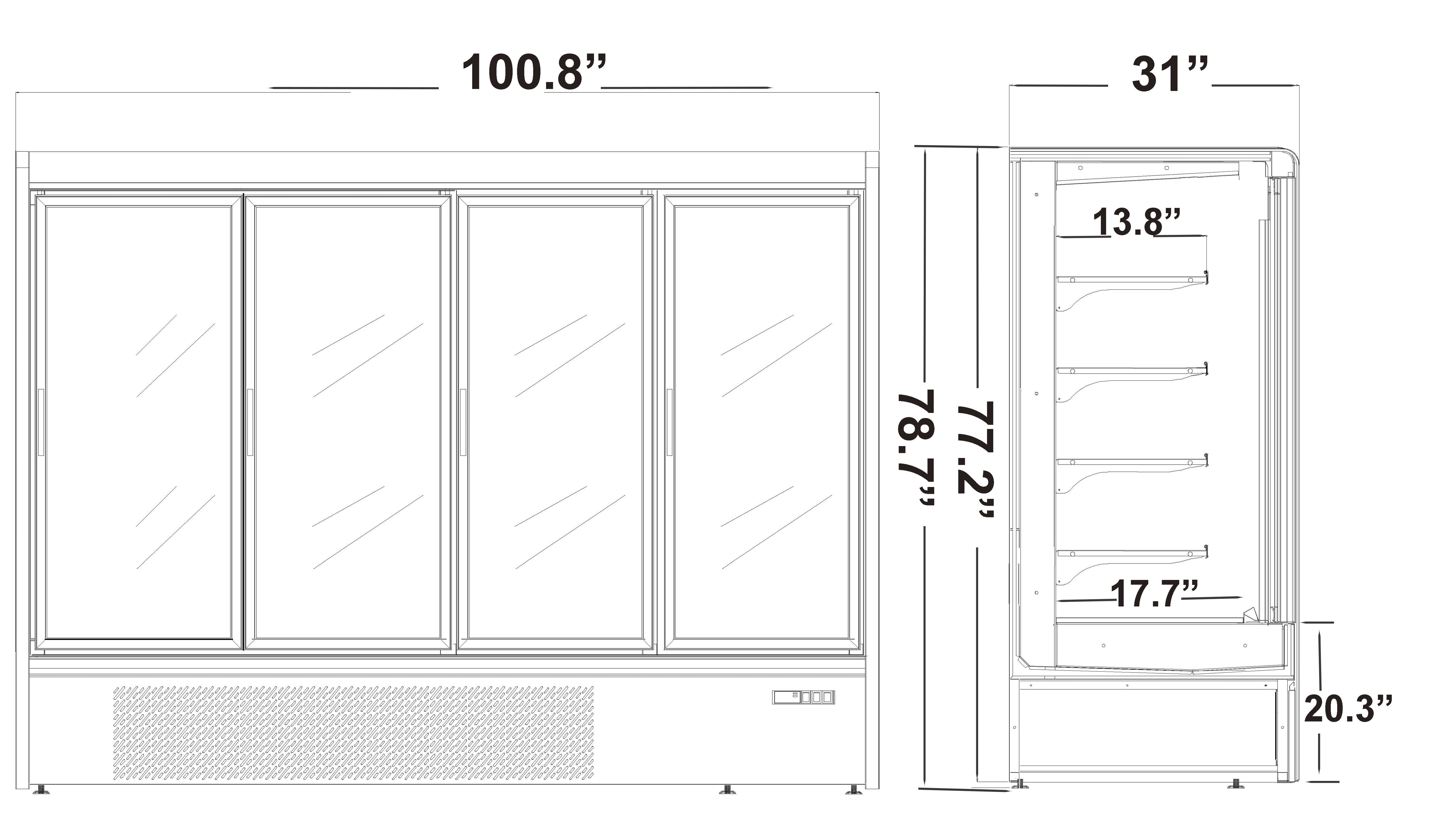 Four Doors Grab & Go Display Case, 100.8" wide Refrigerator - Chefcoca