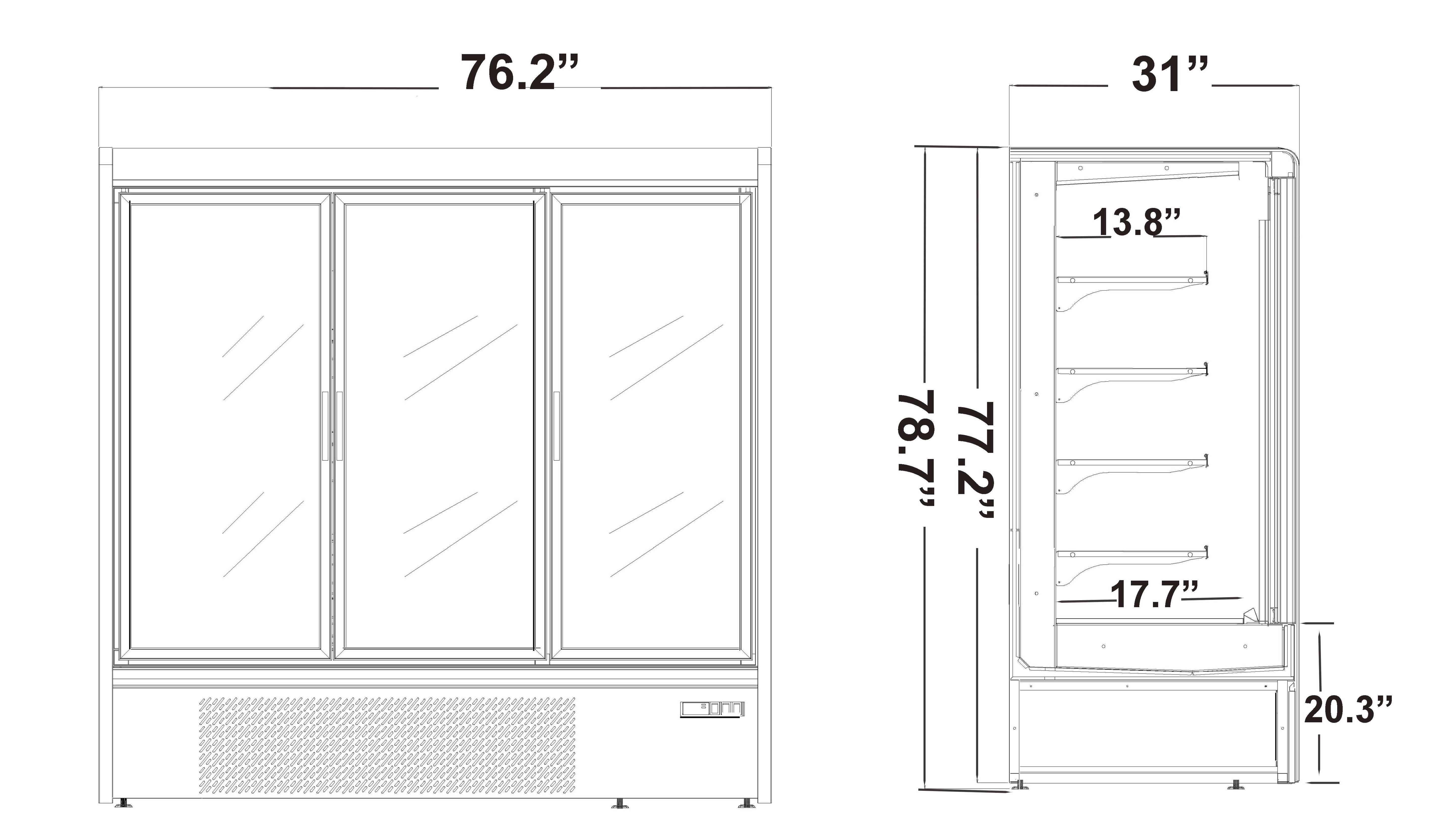 Three Doors Grab & Go Display Case, 76.2" wide Refrigerator - Chefcoca