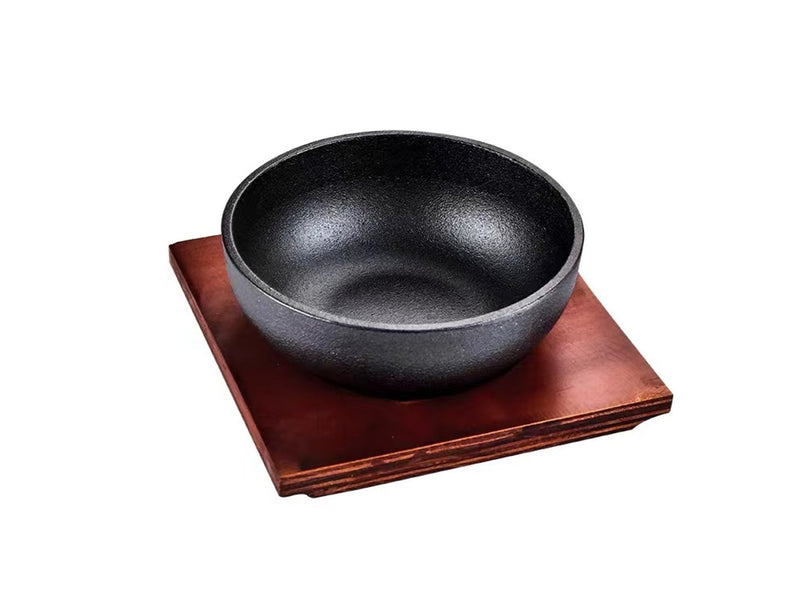 Round Cast Iron Bowl with Wooden Base