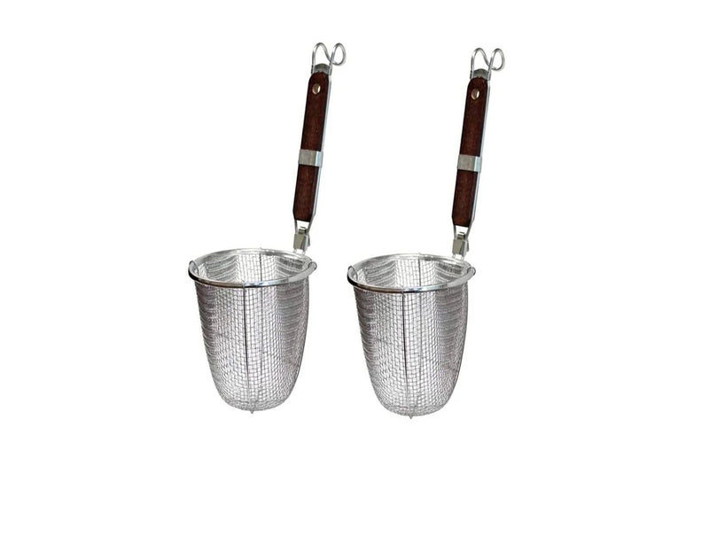 Extra Heavy Duty Stainless Steel Pasta Strainer, Red Wooden Handle (5.5"Dia x 7"H)