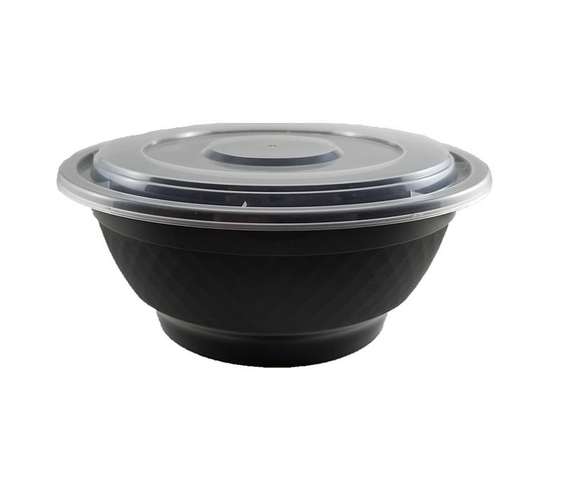 Plastic Round Microwaveable Black Noodle Bowl with Clear Lid (Set of 150)