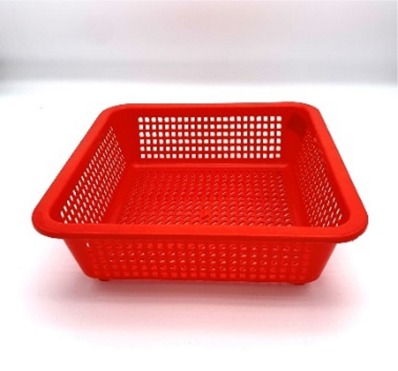 Red Plastic Rectangular Vegetable Wash Basket (7.5cm High, Fine Grid)