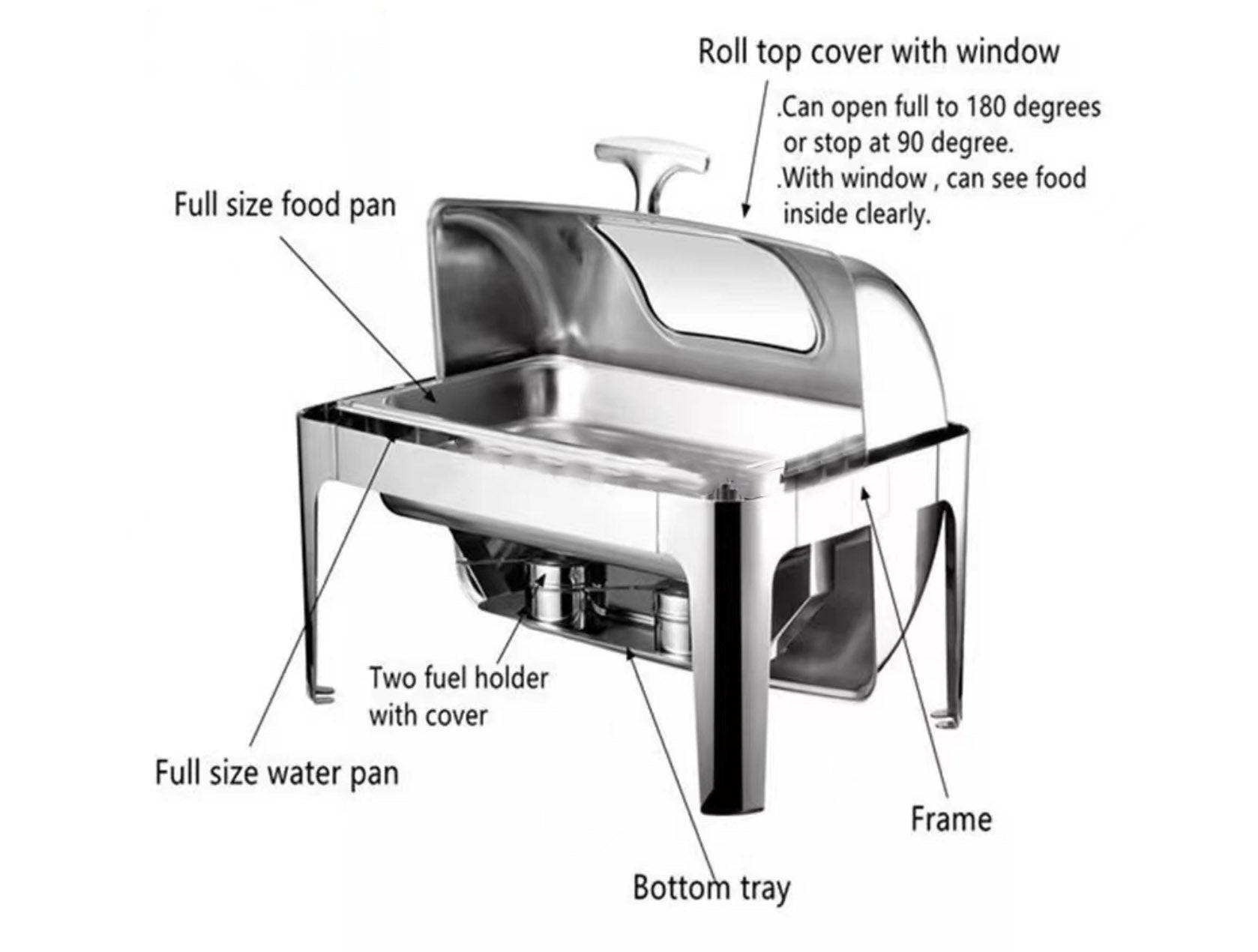 Sub-equip,KS-723G,9 L, Mirror Finish Full Size Rectangular Stainless Steel Roll Top Chafer with Visble Windows Cover - Chefcoca