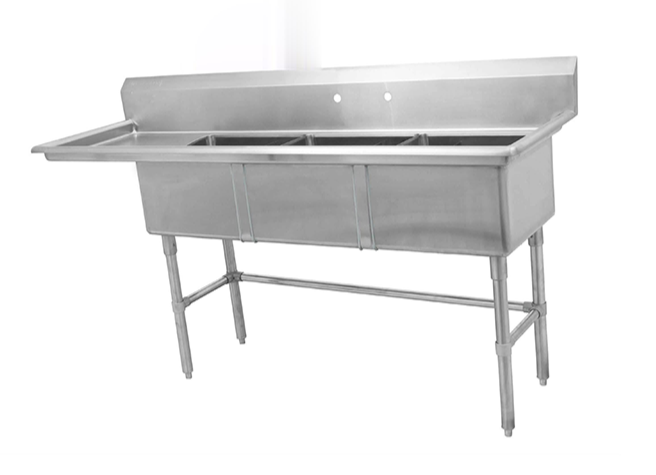 75.1" 16-Gauge 304 Stainless Steel Three Compartment Sink with Left Drainboard (75.1" x 27" x 44.5") - Chefcoca
