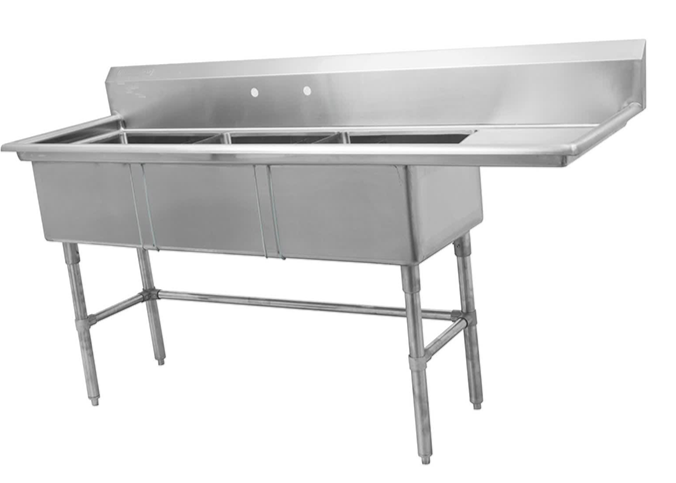 75.1"16-Gauge 304 Stainless Steel Three Compartment Sink with Right Drainboard (75.1" x 27" x 44.5") - Chefcoca