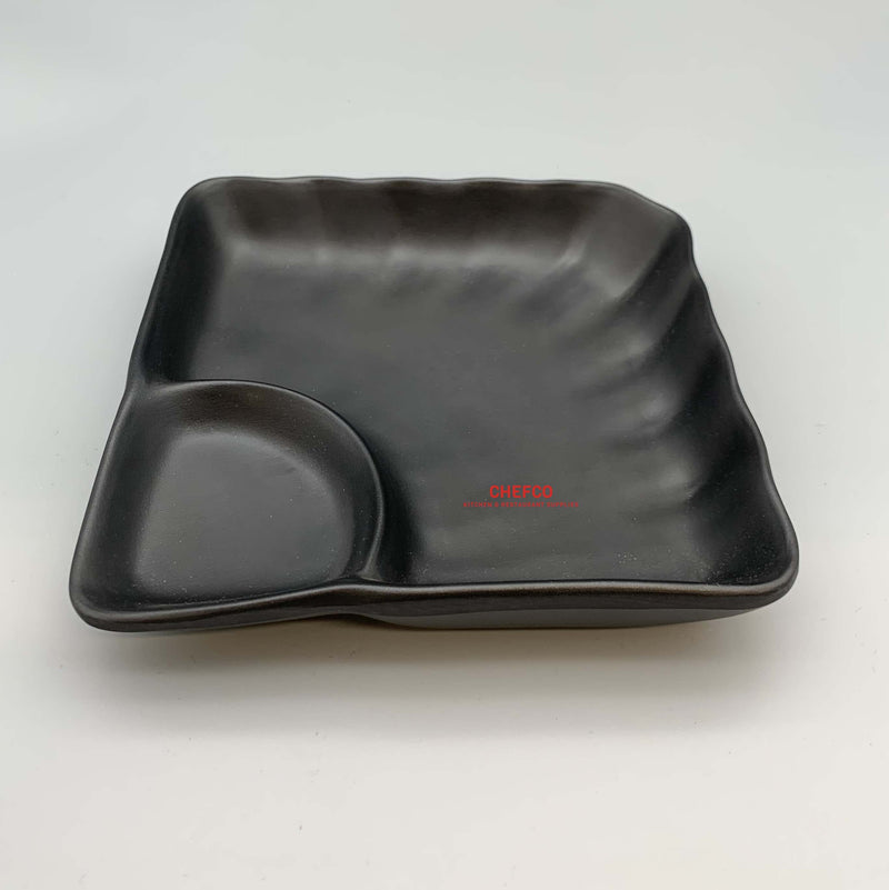 Matte Black Square Appetizer Plate with Sauce Compartment (YG140128)