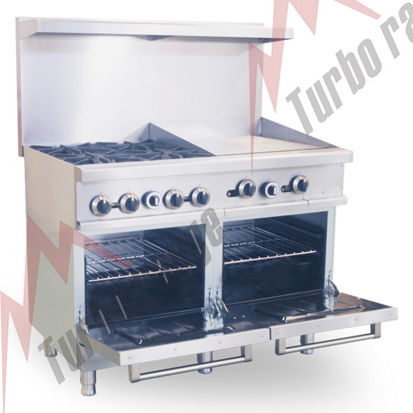 Turbo Range Liquid Propane 4 Burner 48" Range with 24" Thermostatic Griddle and 2 Space Saver Ovens - Chefcoca