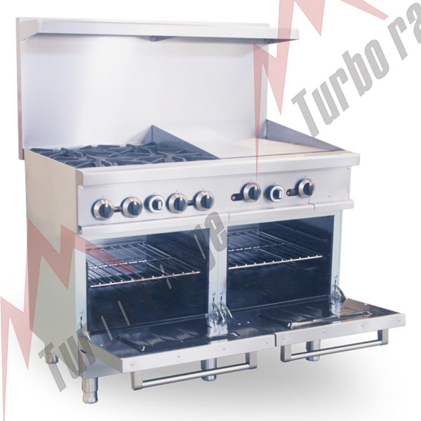 Turbo Range Liquid Propane 4 Burner 48" Range with 24" Thermostatic Griddle and 2 Space Saver Ovens