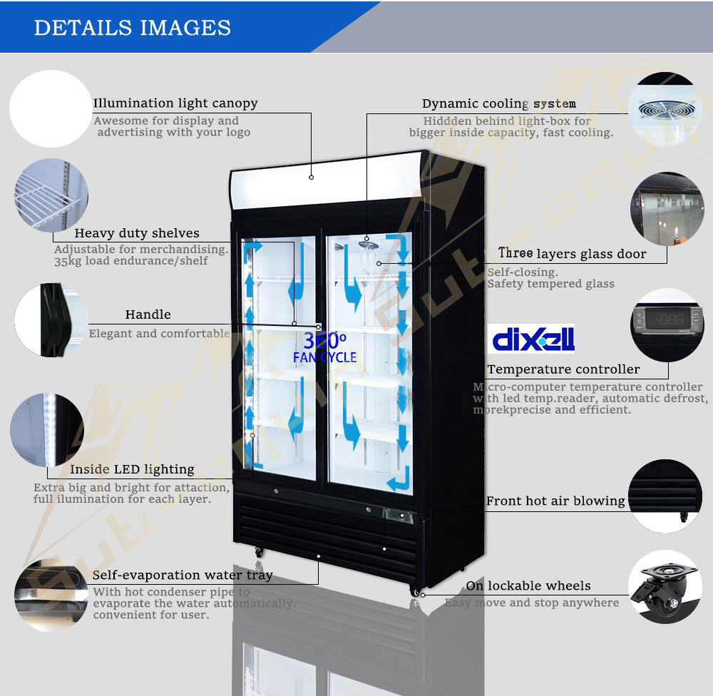 Sub-equip, 48ft³ Double Swinging Glass Door Refrigerated Merchandiser with LED Lighting